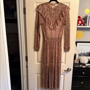 Ted Baker - Size 3 (large) - Long Sleeve Ruffled Dress in Brown and Rose Gold